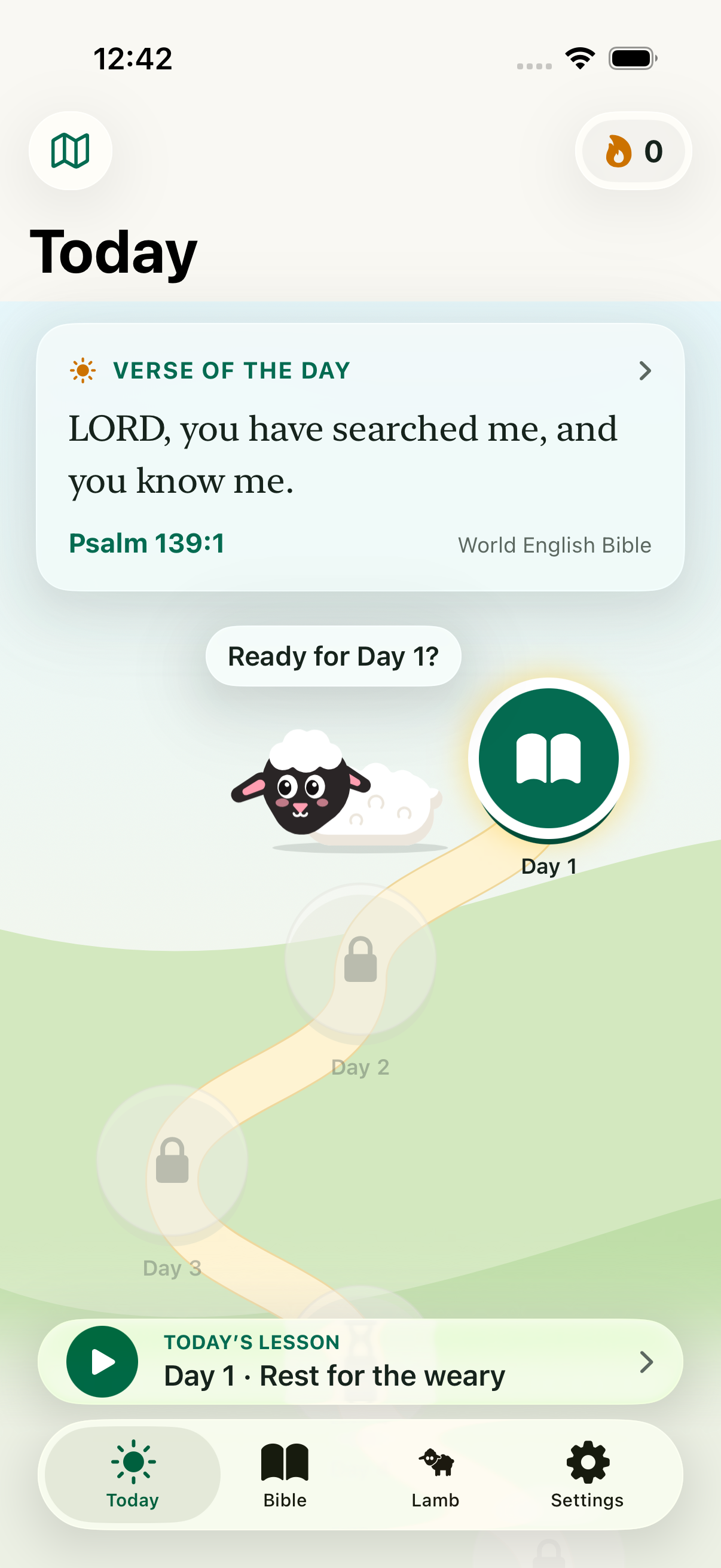 Pasture daily meadow path showing day lessons, streak, and lamb companion